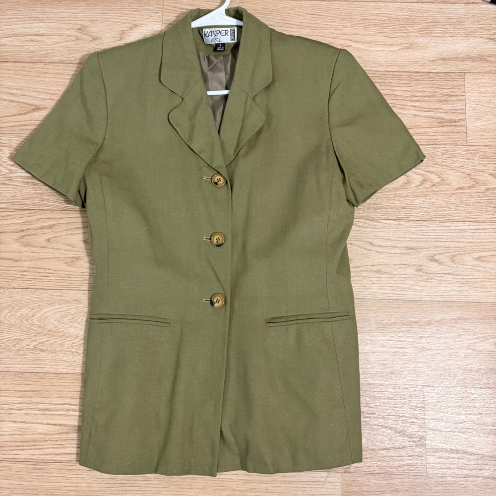 Kasper ASL Short Sleeve Blazer Womens 4 Olive Green Solid  Linen Blend Jacket